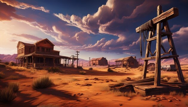 old west ghost town with gallows under a dramatic sky
