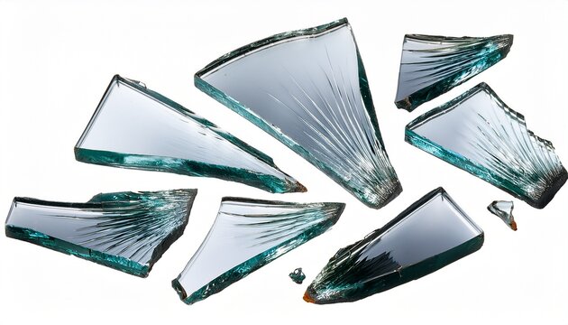 shards of shattered glass pieces of broken glass isolated white background pen tool cutout side by side of various broken glass pieces of several shapes and sizes