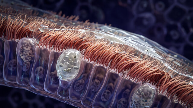 3D medical illustration of pseudostratified ciliated columnar epithelium with mucus-secreting goblet cells