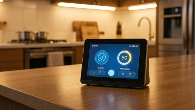 Smart home hub device with glowing interface controlling lights and thermostat on a kitchen counter, ideal for smart home and consumer technology content.