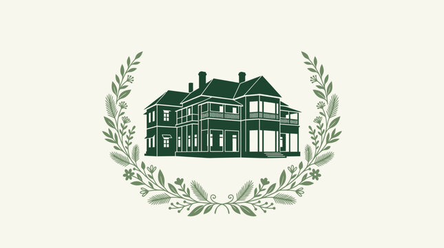 Vintage manor house illustration with laurel wreath, classic estate mansion vector, elegant historic building logo for real estate and hospitality