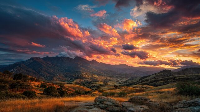 A breathtaking mountain landscape captured during the golden hour, showcasing vibrant rolling hills bathed in soft golden and amber light. The dramatic sky is filled with a tapestry of colorful cloud