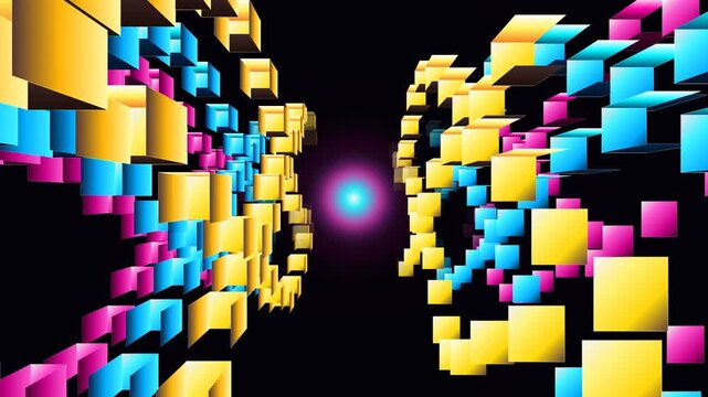 Colorful abstract digital data cubes floating in a futuristic corridor towards glowing