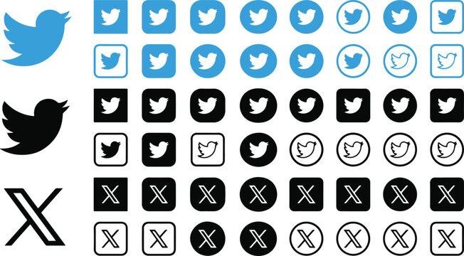 Modern Social Media Icon Collection Featuring Bird and Letter X Symbols in Filled, Outline, Circular, Rounded Square, and Square Styles for Web, Mobile Apps, User Interface, and Digital Design