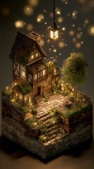 Fototapeta premium A captivating isometric view of a quaint medieval village, centered around a thatched-roof house with an enchanted lantern floating above it. The scene is adorned with flickering fireflies and featur