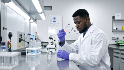 Fototapeta premium Male scientist in lab coat performing chemistry experiment.