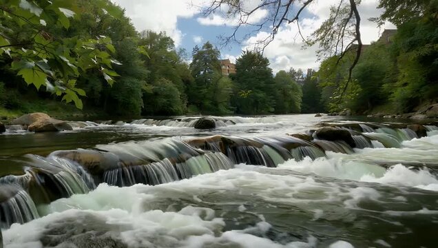 Immersive 4K close up b roll tracking crystal clear water bubbling and rushing rapidly over river stones through an urban stream in Chapel Hill North Carolina recorded with rich ambient environment