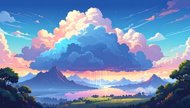 Pixel art landscape at sunset with vibrant clouds over mountains and a reflective lake, digital fantasy scene