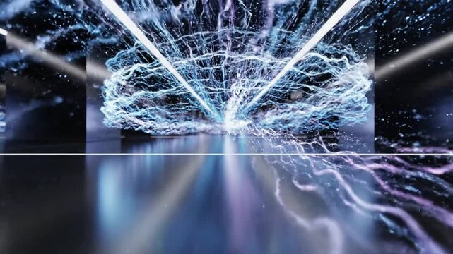 Bright blue energy sparks erupt inside a dark modern corridor