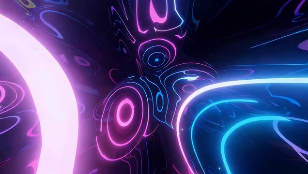 High tech futuristic 4K abstract digital landscape featuring a complex network of glowing vector lines neon geometric matrices and cybernetic flows traveling through pitch darkness creatively