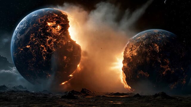 Two fiery planets colliding with glowing debris and dramatic cosmic energy in cinematic 4K.