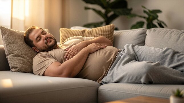 A relaxed man sleeping peacefully on a grey sofa during a lazy day at home, lying down comfortably with a pillow in a warm, sunlit living room afternoon, enjoying a quiet nap and relaxation.