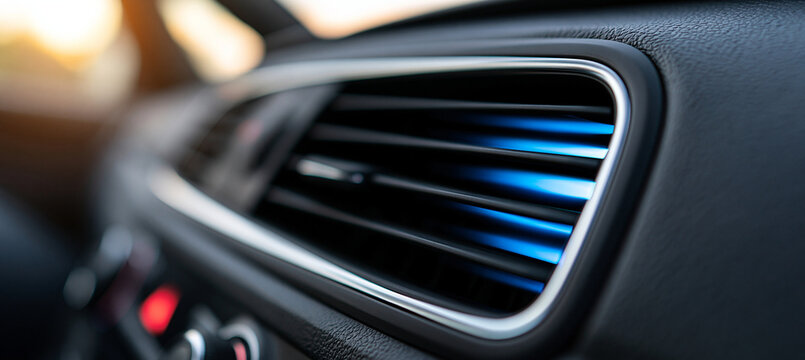Close-up of a modern car dashboard air conditioning vent with blue ambient lighting. Symbolizes automotive interior.
