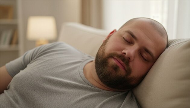 A relaxed caucasian man resting his head on a couch cushion, deeply asleep during a lazy weekend afternoon, showcasing a quiet moment of relaxation, comfort, and peaceful sleep.