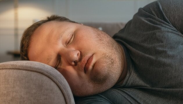 Close up of a tired man sleeping peacefully on a comfortable sofa during a lazy day at home, enjoying a relaxing nap in a cozy living room with soft, warm lighting in the afternoon.