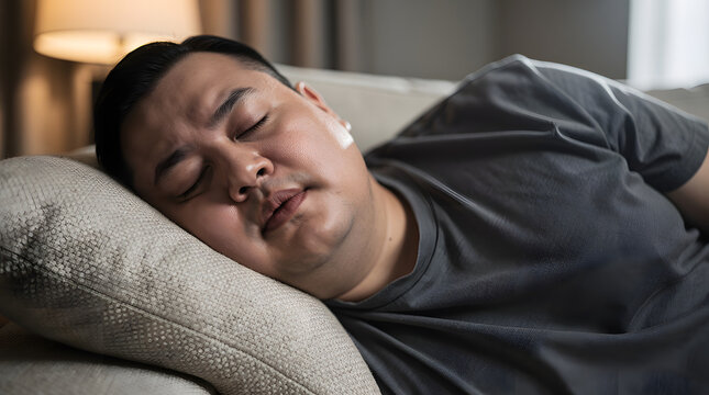 Close up shot of an overweight man taking a deep nap on a grey sofa at home, embracing a slow and lazy day of rest, rejuvenation, and comfort inside a warm, softly lit room environment.
