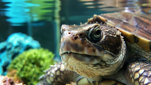 Ultra sharp 4K underwater macro video of a prehistoric looking mata mata turtle inside a freshwater aquarium highlighting its uniquely textured leaf like snout and slow aquatic movements