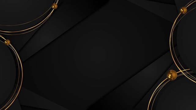 Layered black surfaces with sweeping golden curves polished spheres create an elegant luxury scene with generous central space. for premium branding, award titles, fashion promos, formal event .