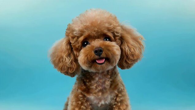 Ultra HD 4K close up of a sweet chocolate brown poodle pup carefully sitting on a bright blue studio set showing off its soft curly coat under professional high key lighting