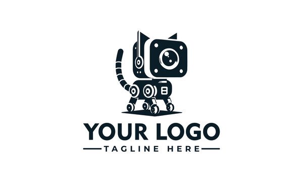 Modern creative robot pet logo design vector illustration featuring a futuristic mechanical feline companion with camera lens eye