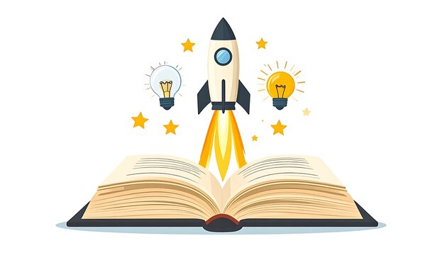 Pixel art open book with rocket launching from pages, symbolizing knowledge and startup ideas, creative growth and innovation