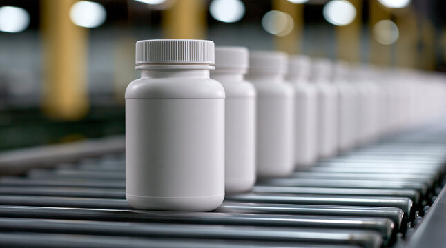 White plastic supplement bottles move along a factory conveyor belt. Industrial manufacturing concept for healthcare.