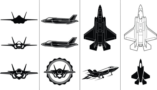 Military Fighter Jet SVG Vector Black Silhouette || Modern Stealth Jet Combat Aircraft || F-16 F-35 Fighter Jet Profile