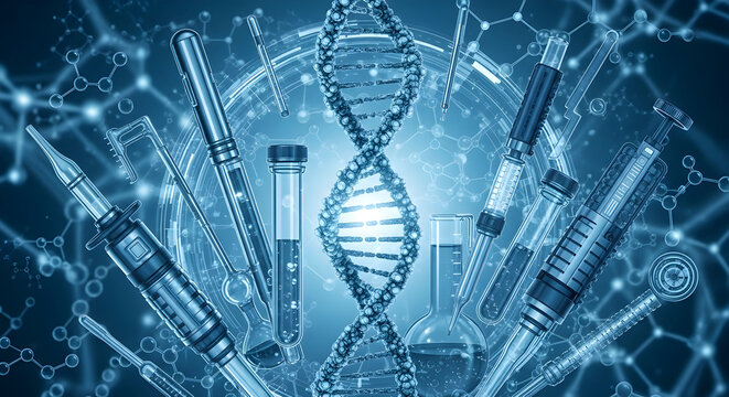 Abstract Scientific Background Featuring DNA Helix Structure with Laboratory Equipment and Research Tools for Genetic Engineering and Medical Biotechnology Studies