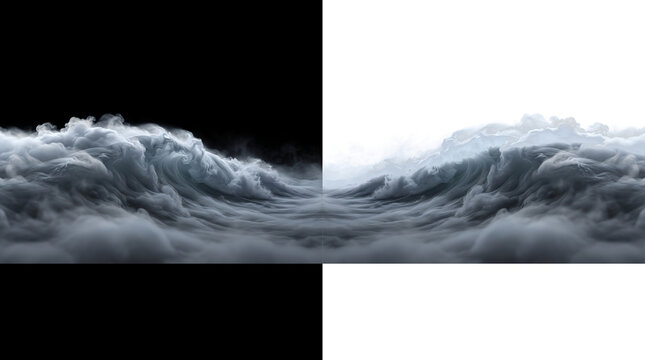 Dense cloud of rolling smoke wave across bottom frame on black background and matching version on transparent grid layer.