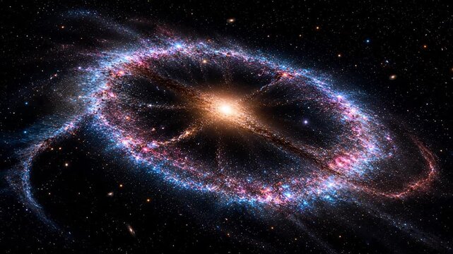 Ring galaxy with a bright stellar center surrounded by glowing cosmic structures in 4K.