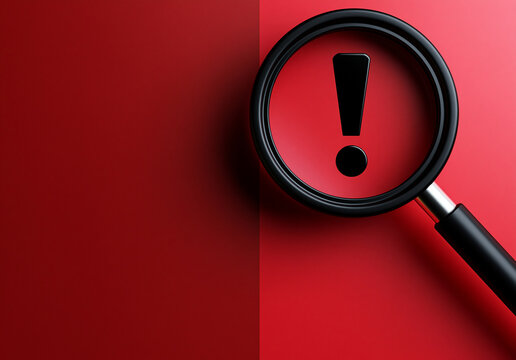 A magnifying glass inspecting an exclamation mark on a red background. Concept for identifying problems, warnings, and.