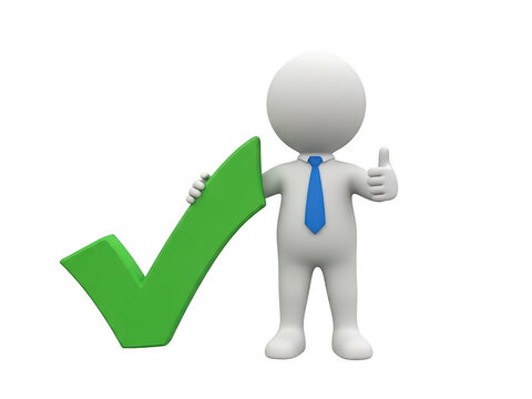 3d businessman with a tie holding a large green check mark showing thumbs up