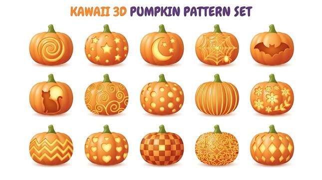 Decorative kawaii pumpkin pattern designs and carving textures set with halloween seasonal vegetable decorative background collection ornamental creative illustration geometric starburst