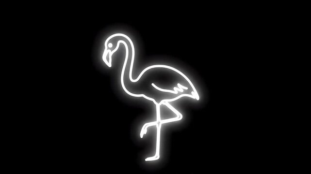 White Neon Line Art Flamingo with Graceful Neck Motion on Black Background