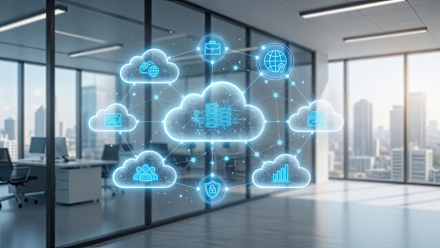Modern office interior with cloud computing icons and digital connections representing technology and innovation