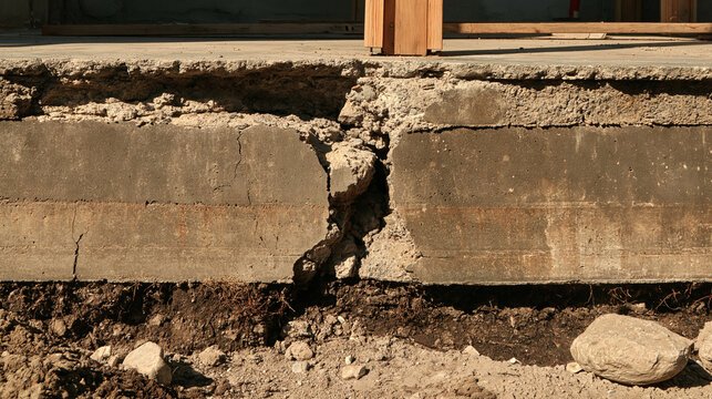 Elegent photo of A severely cracked concrete foundation wall sits exposed above the soil. This image is perfect for illustrating structural damage and expensive home foundation repair projects.