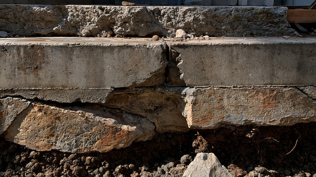 Elegent photo of Damaged concrete foundation showing structural cracks and erosion. This image illustrates site safety hazards and urgent construction repair needs.