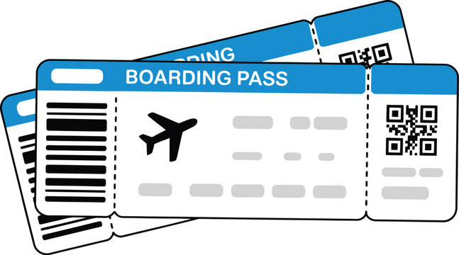 Pair of flight boarding pass tickets vector illustration with airplane logo barcode qr code for travel agency concept