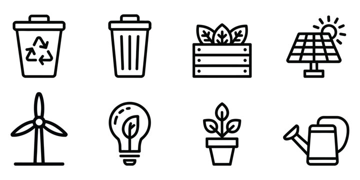 Outline set of green energy and recycling icons,
