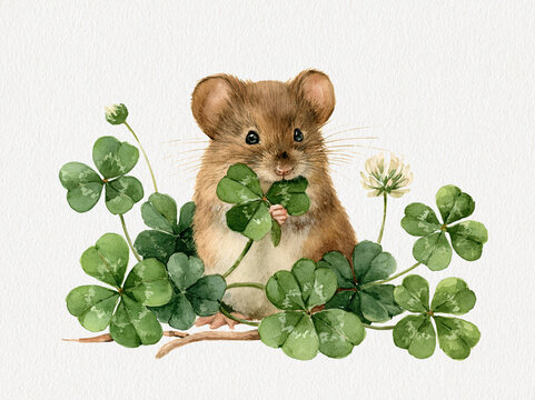 A cute little mouse holding a four-leaf clover, surrounded by lush green clovers and small white flowers. The scene evokes a sense of good luck and nature AI generative