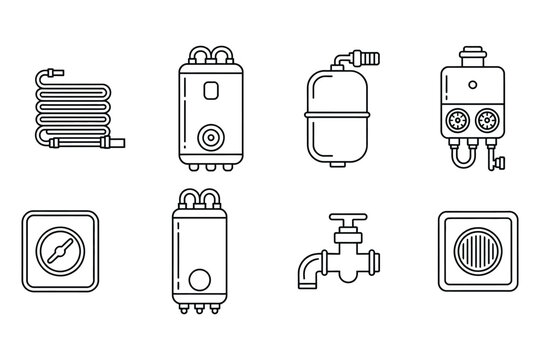 Water heater, plumbing, and heating system line icons set, .