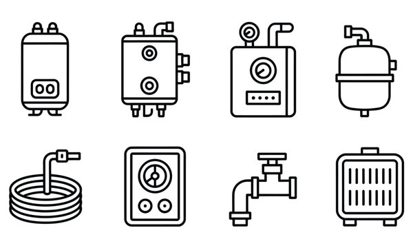Water heater, boiler, and heating system outline icons set, .