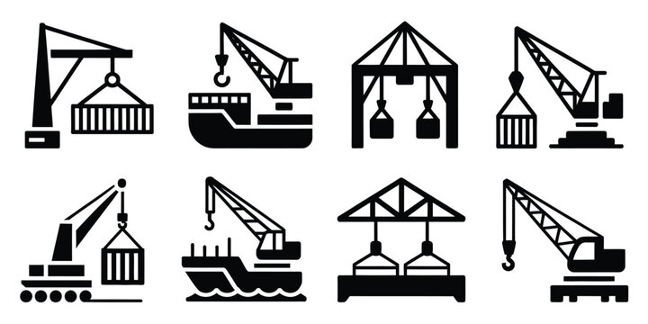 Port logistics, shipping, and cargo operations silhouette icons set, .