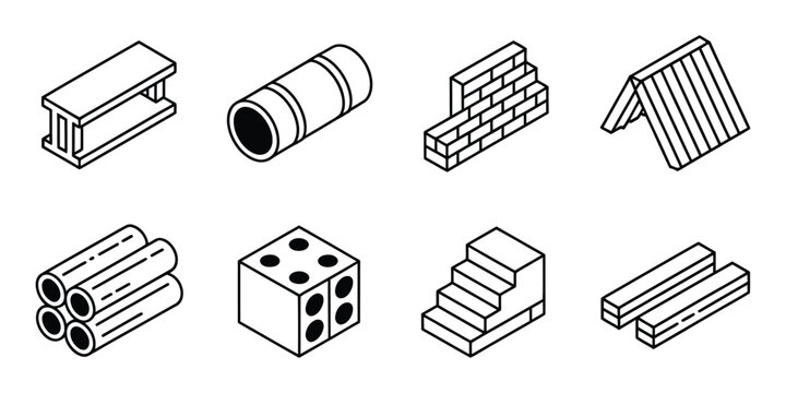 Isometric Building Materials and Structures Line Icons Set,
