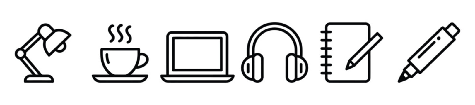 Remote work and study outline icons set. Desk lamp, hot coffee, laptop, headphones, notebook and marker. .
