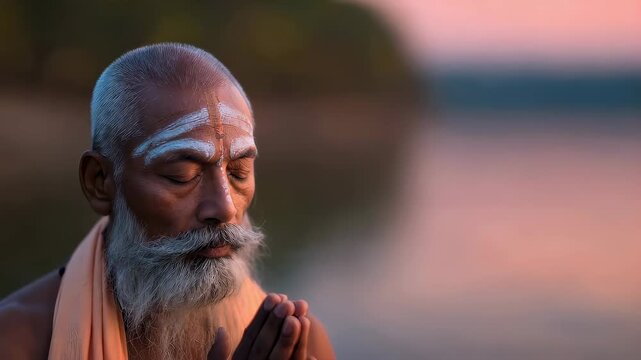 Indian sadhu meditating by river at sunrise. Elderly man with gray beard and tilak performing prayer with hands together. Spiritual practice in Hindu culture.