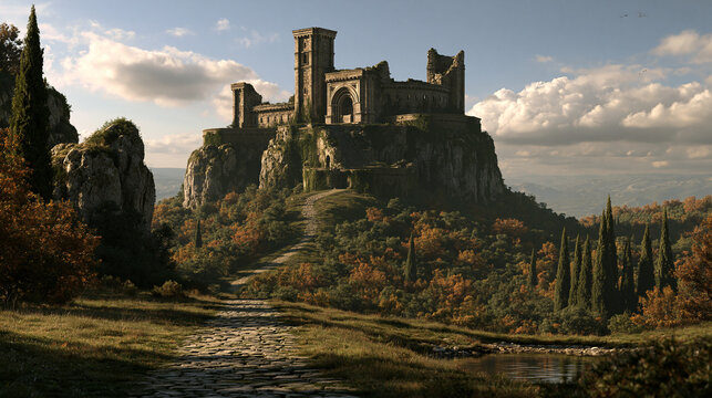Elegent photo of An ancient stone castle stands atop a rugged hill under a dramatic sky. This majestic fortress evokes themes of medieval history, fantasy, and adventure.
