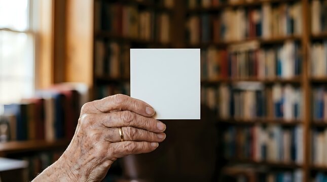 Senior adult hand holding blank white card in library setting with bookshelves background. Suitable for mockups, advertising, education, and business presentations.