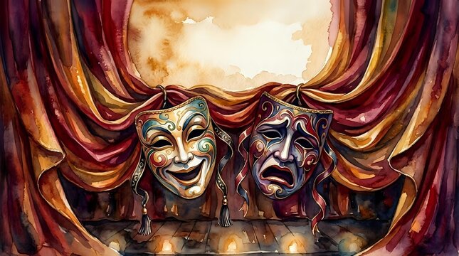 Theatrical comedy and tragedy masks with golden accents displayed against luxurious burgundy velvet curtains and warm stage lighting, suitable for performing arts promotions.