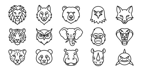 Set of fifteen minimalist animal head icons featuring various wild creatures in a clean black and white line style © JahedaKhatun